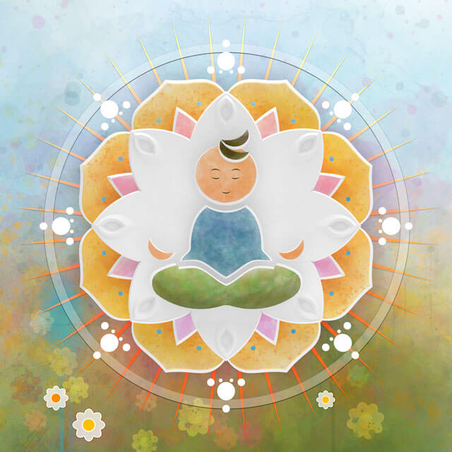Making-of: 3D Illustration 'Little Buddha', Schritt 13, finale Schicht mit Blumen und Linien Making-of: 3D Illustration 'Little Buddha', Schritt 13, finale Schicht mit Blumen und Linien