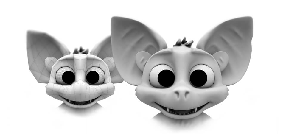Abbildung Basismodel und Feinmodellierung des Kopfes der Fledermaus für den Museumspark Rüdersdorf Abbildung Detailansicht Basemesh und Feinmodellierung des Kopfes der 3D-Fledermaus