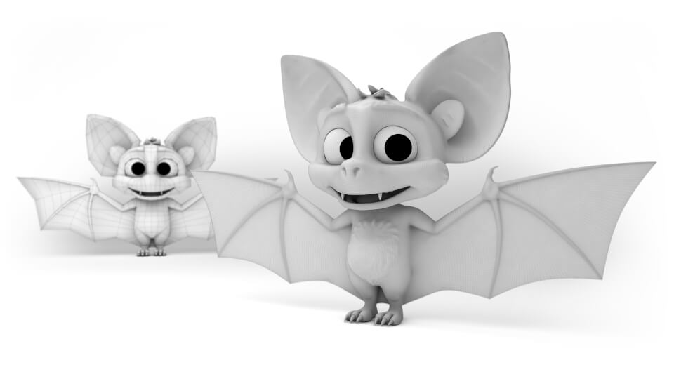 Abbildung Basismodel und Feinmodellierung (Sculpting) der Fledermaus für den Museumspark Rüdersdorf Abbildung Basemesh und Feinmodellierung der 3D-Fledermaus