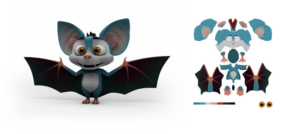 3D Fledermaus Modell in Blau und Texturmap Blau koloriertes 3d-Modell und Textur-Map-Ansicht