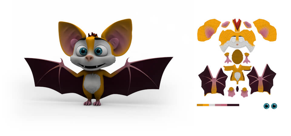 3D Fledermaus Modell in Gelb und Texturmap Gelb koloriertes 3d-Modell und Textur-Map-Ansicht