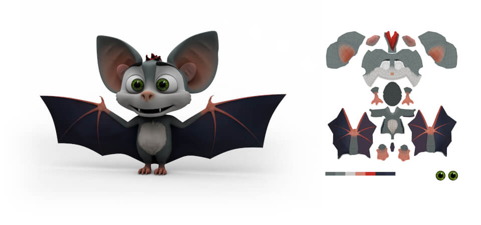 3D Fledermaus Modell in Grau und Texturmap Grau koloriertes 3d-Modell und Textur-Map-Ansicht