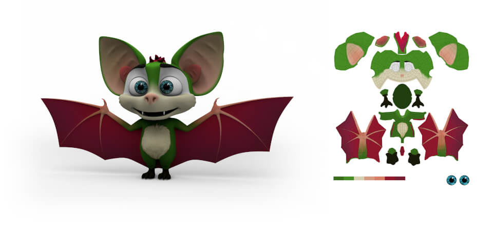 3D Fledermaus Modell in Grün und Texturmap Grün koloriertes 3d-Modell und Textur-Map-Ansicht