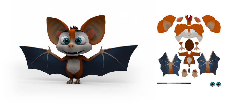 3D Fledermaus Modell in Orange und Texturmap Orange koloriertes 3d-Modell und Textur-Map-Ansicht