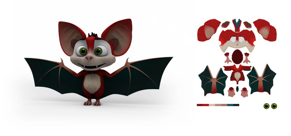 3D Fledermaus Modell in Rot und Texturmap Rot koloriertes 3d-Modell und Textur-Map-Ansicht